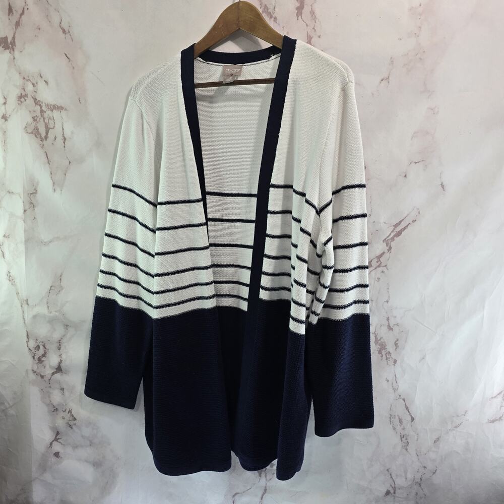 Chicos Cardigan Womens 3 XL White Navy Blue Striped Sweater Navy Long Colorblock